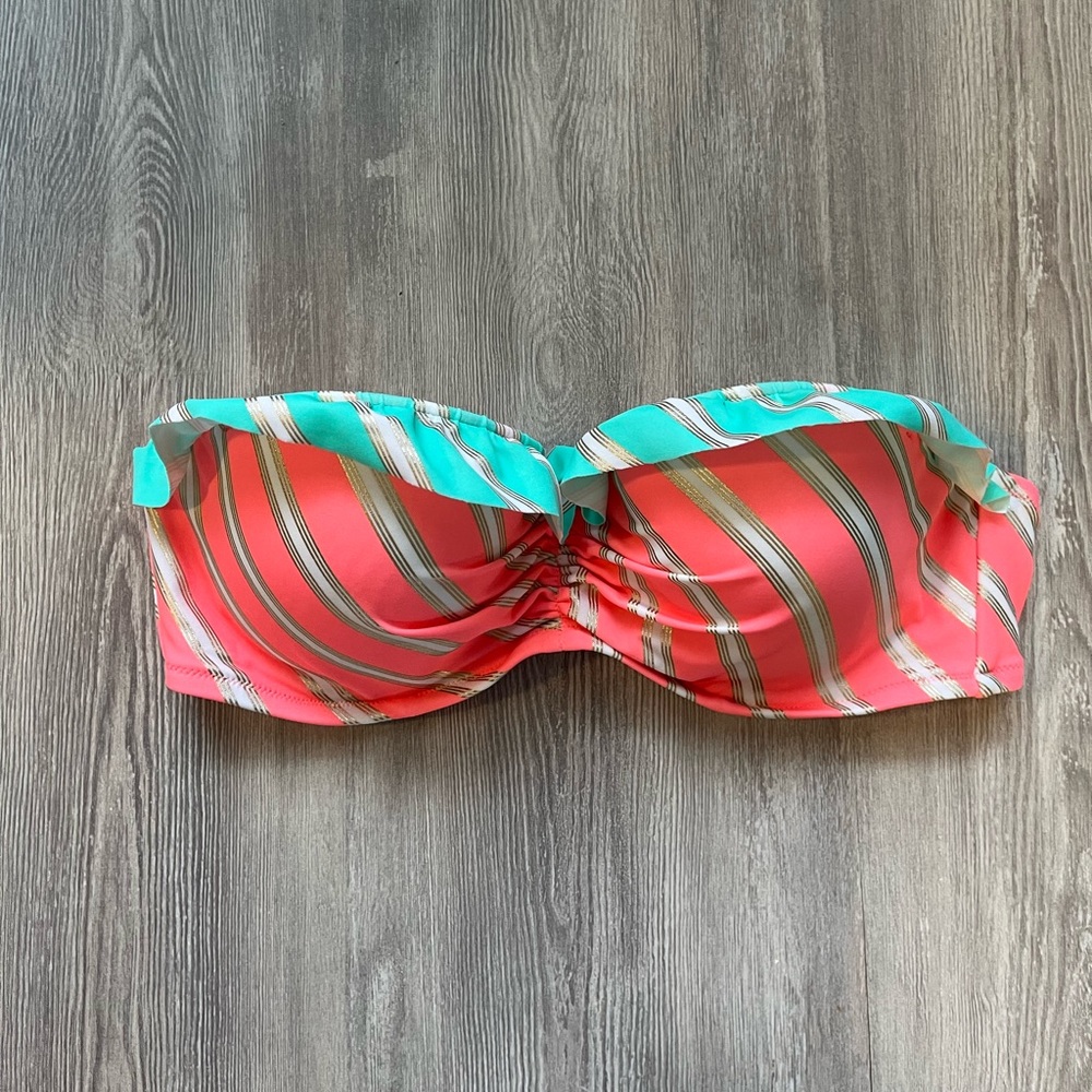 Victoria’s Secret striped coral/turquoise ruffle flirt bandeau bikini top 36C